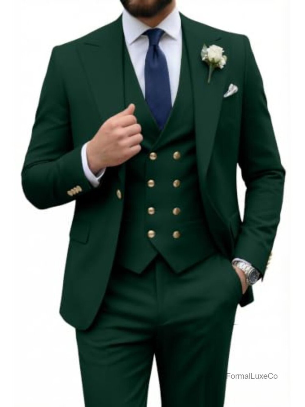 Men's Double Breasted Tuxedo Suit 3 Piece Slim Fit Polyester Viscose Wedding